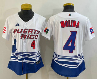 Women%27s Puerto Rico Baseball #4 Yadier Molina Number 2023 Red World Classic Stitched Jersey
